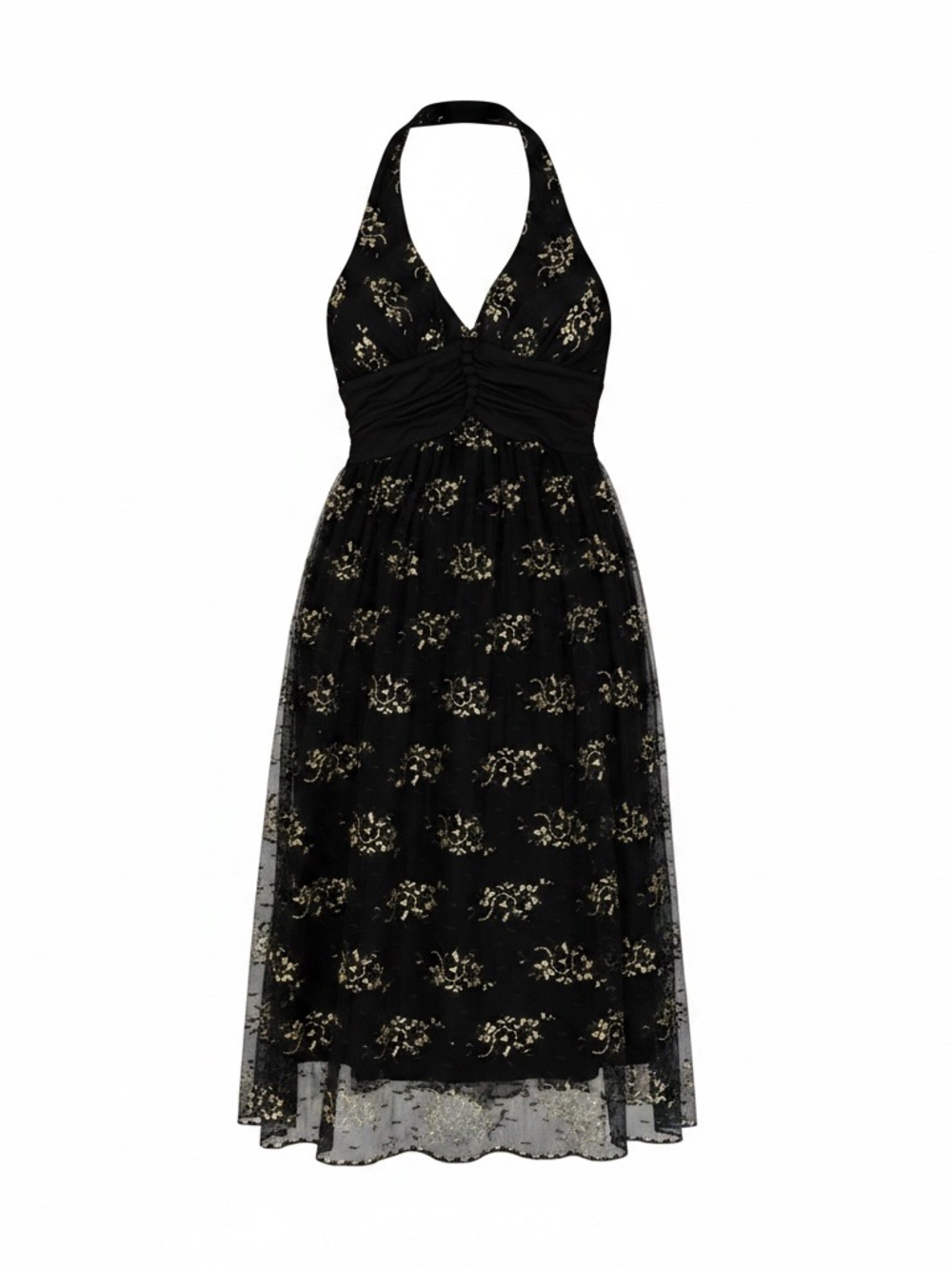 Vintage Forever Black Gold Glitter Halter Dress S Y2K Coquette Whimsigoth Midi